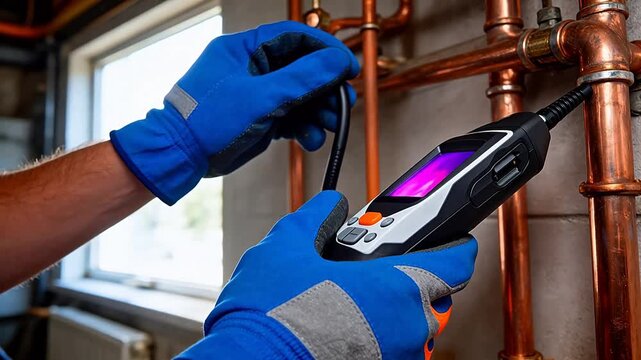 Plumber inspecting copper pipes with tool