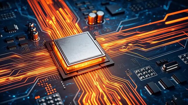 Glowing microprocessor on circuit board