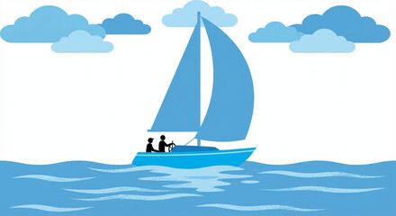 Fototapeta premium Sailboat with two people sailing on blue water under a cloudy sky vector illustration for travel and leisure concepts