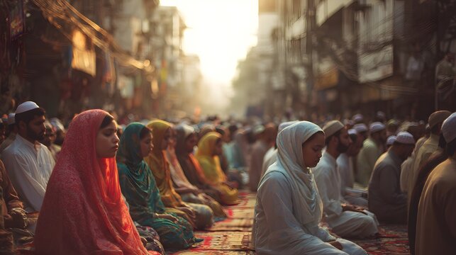 Community gathers for communal prayer on mats in a sun-drenched urban street.