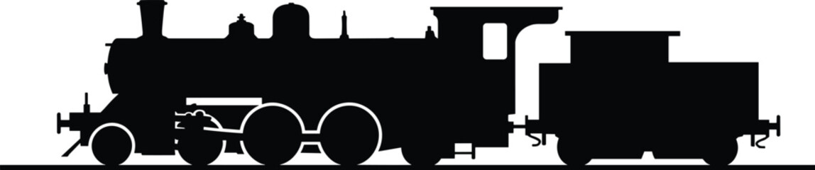 Vintage steam locomotive silhouette with tender car on railway tracks, showcasing classic design, transportation history, industrial heritage © MDAMIRHAMJA