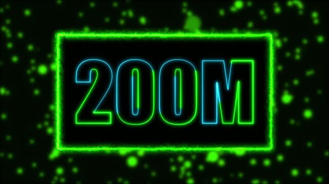 Neon 200M text animation on blur background. Neon glowing 200M 'followers' animation with neon border.