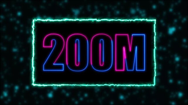 Neon 200M text animation on blur background. Neon glowing 200M 'followers' animation with neon border.