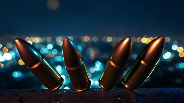 Close-up of bullets with city lights in background at night