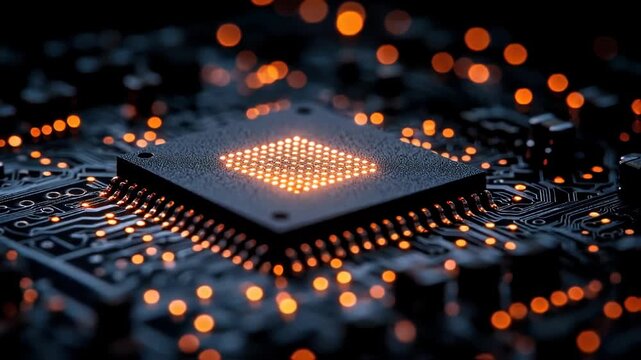 Close-up of a glowing microchip on a circuit board with vibrant orange lights in the background