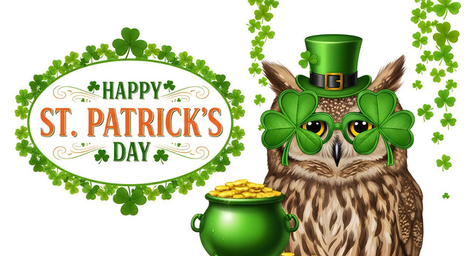 Wise owl wearing shamrock glasses for st patricks day festive theme