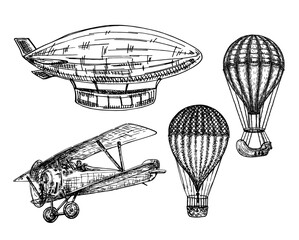 Vintage Transportation. Vintage aircrafts transport sketch style illustration. Old engraving imitation. Air transport hand drawn sketch. Balloon, Dirigible or Zeppelin, Airplane. Line Drawing © EVGENIY