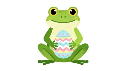 Obraz premium Playful flat frog holding a decorated Easter egg. Pastel vector illustration isolated on white.