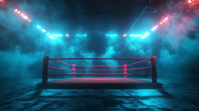 Boxing ring in a dark arena with blue and red lights shows a striking setup for a match