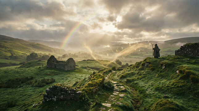 Cloaked man stands on a grassy Irish hill, above a stone path and ruins, a rainbow in misty sunrise dramatic sky