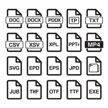 Set of file format icons for document extensions and digital software types including doc docx pdf txt csv svg eps jpd and exe on transparent background vector illustration