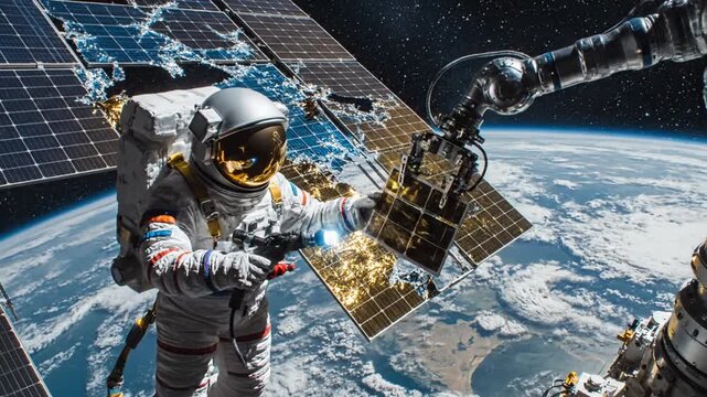 Astronaut repairing solar panel on space station orbiting Earth