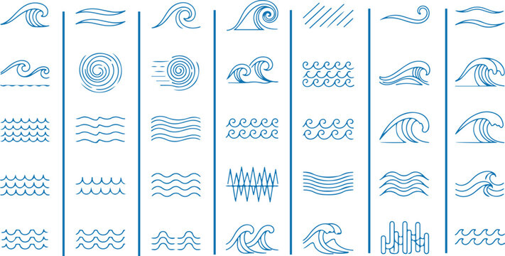 Ocean wave elements, sea wave collection. Abstract zigzag line design. Water emblem and logo vector set eps