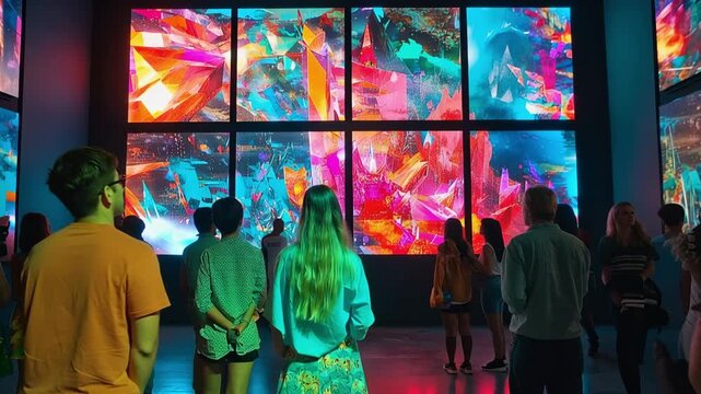 People enjoy colorful art display in exhibition hall at modern art museum in city during evening hours