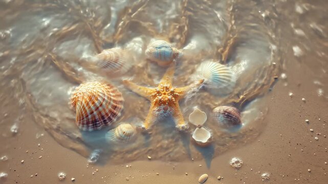 Starfish and seashells on a sandy beach being washed by a gentle ocean wave at sunset