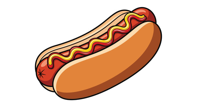 A classic hot dog illustration featuring a delicious red sausage nestled in a golden bun, generously topped with vibrant yellow mustard and red ketchup for a tasty, iconic snack.