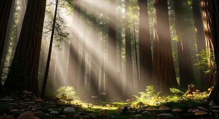 Obraz premium Mystical forest scene with towering ancient trees and enchanting sunbeams piercing through the dense canopy, illuminating a vibrant mossy floor dotted with numerous fantastical mushrooms in a serene n