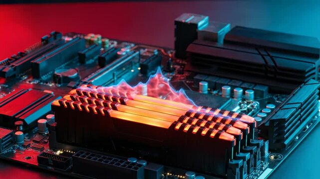 Close-up of a high-performance computer motherboard with RAM modules overheating and glowing with digital energy and fire effects in a red and blue lighting environment.