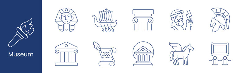 Obraz premium Museum set icon. Collection with pharaoh mask, viking ship, ancient column, archer statue, spartan helmet, temple facade, scroll parchment, classical building, winged horse, framed artwork