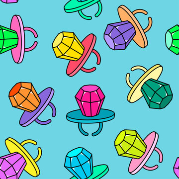 Ring Pop from 90s. Candy gem ring. Funny children lollipop ring pop. Plastic ring with a large diamond. Candy jewel. Pop art comic style 80s 90s