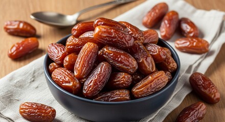 Roasted dates in dark bowl with whole dates on wooden table rustic healthy snack