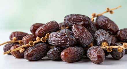 Obraz premium Fresh brown dates piled with golden strings on white background for healthy food and Ramadan