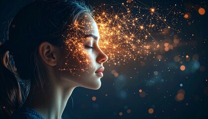 Woman's creative mind visualized as glowing constellations forming around her head