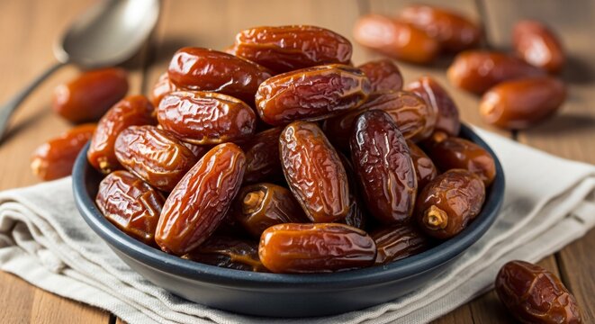 Fresh dates in rustic blue bowl on wooden table with warm natural lighting