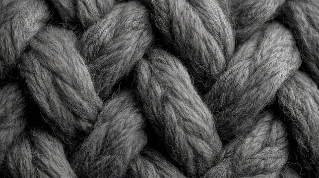 Close-up of thick grey rope texture with intertwined strands. Industrial, nautical, and rustic concept.