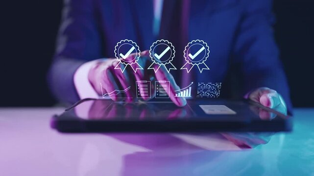 Certified business investment and financial growth strategy. Digital data analysis chart, approved corporate quality assurance management, smart economic planning, and successful stock market concept.