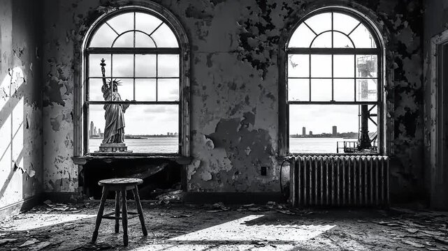 Decaying interior view through arched window showing distant  across water