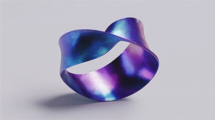 Abstract twisted ring object with iridescent metallic surface and gradient colors on white background. Futuristic design element or 3D render concept.
