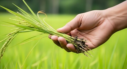 Hand Holding Fresh Green Seedlings with Roots &ndash; Organic Farming Concept