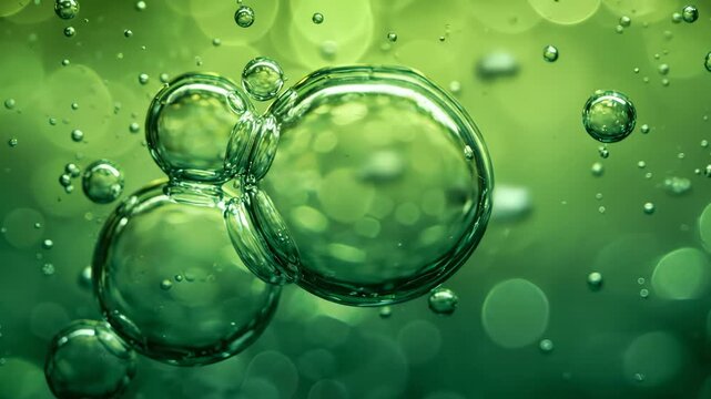 Abstract macro background of green oxygen bubbles in liquid with beautiful bokeh and soft lighting