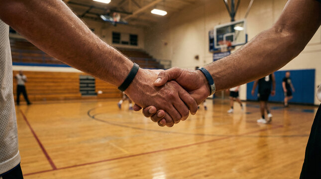 Two basketball players shake hands on indoor gym court, showing sportsmanship, teamwork and mutual respect after match. Blurred teammates and court lines highlight competition, training and community