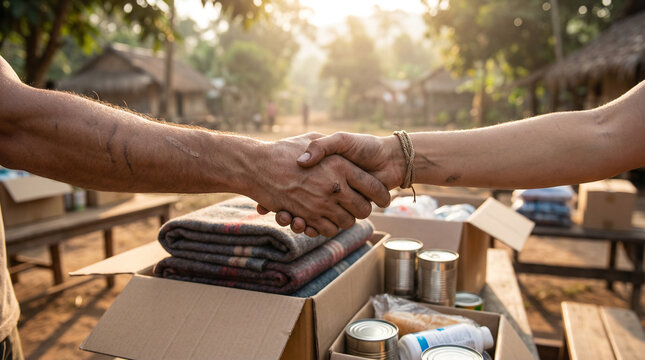 Handshake between two people as donated blankets and canned food are handed over in rural village in volunteer or NGO setting. humanitarian aid, community support, partnership and relief efforts