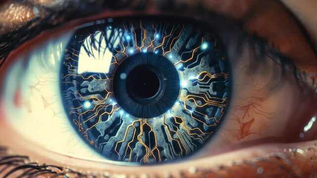 Macro close up of a human eye with a futuristic digital circuit board and glowing data patterns integrated into the iris representing artificial intelligence and cybernetic enhancement.