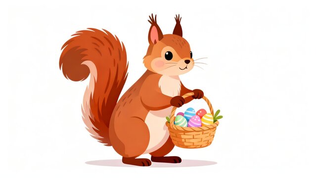Cute flat squirrel with Easter basket and colorful eggs. Pastel vector illustration isolated on white.