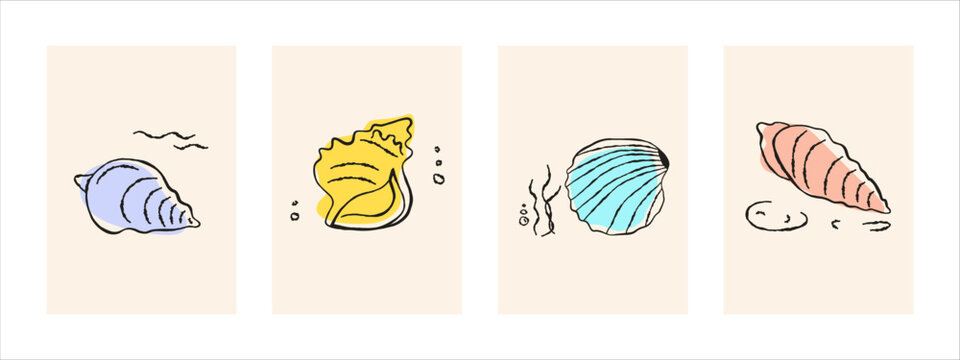 Summer seashell cards, hand-drawn in a scribbled style. Vector sticker for a marine booklet, underwater world. Minimalistic elements from the ocean floor, simple shells. Sticker for packaging, poster