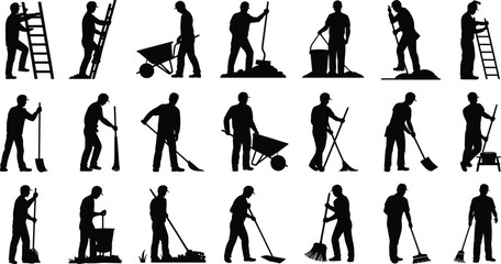 Manual labor worker silhouettes, construction and maintenance illustration, broom and shovel art, ladder and wheelbarrow design, workforce diversity representation © Tanjimul