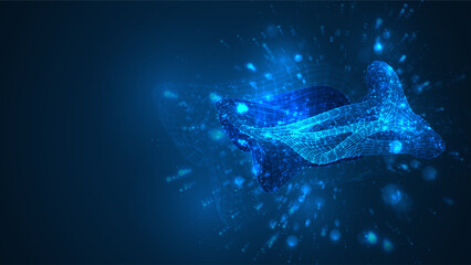 Fototapeta premium An abstract 3D object on a blue background with bright highlights.