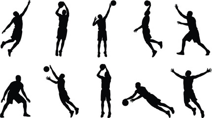 Basketball Player Silhouette Collection, Dynamic Jump Shot Dunk and Dribble Action Poses Black Vector Illustration Set Isolated on White Background © Mostofa