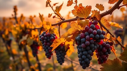 Naklejka premium Ripe purple grape clusters glowing in autumn mist of a vineyard at morning. representing seasonal cycles and harvest abundance.