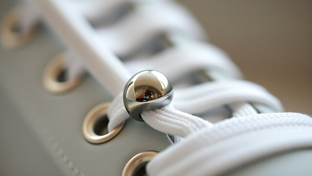 Polished metal aglet at the end of a white shoelace with metallic texture. lifestyle magazines, social media lookbooks, designed for lifestyle magazines and social media content.