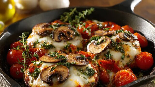 Sizzling skillet breakfast with mushrooms and herbs in rustic kitchen setting.