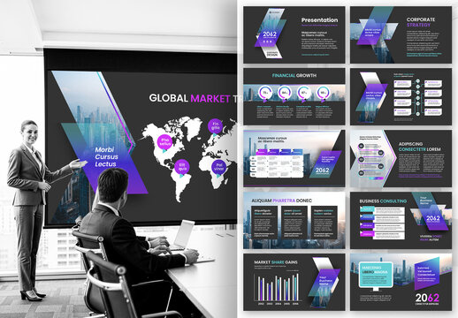 Modern Green and Purple Corporate Business Presentation Template with Global Financial Market Theme