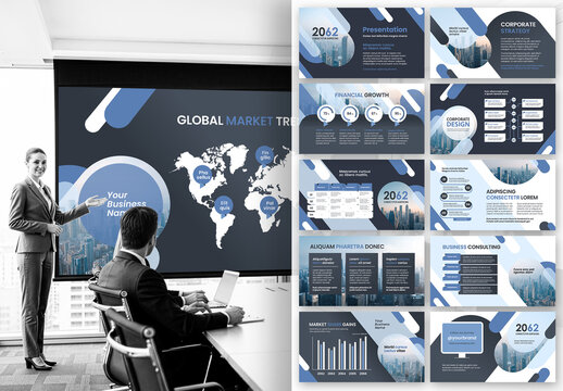 Modern Blue Corporate Business Presentation Template with Global Financial Market Theme