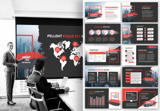 Modern Red Corporate Business Presentation Template with Global Financial Market Theme