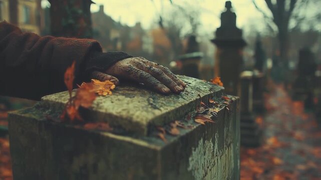 A somber figure gently resting a hand on a weathered gravestone in a foggy autumn cemetery