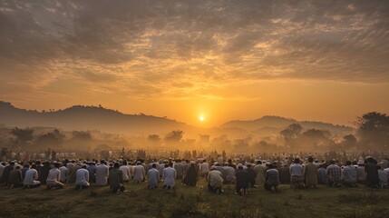 Obraz premium Sacred Dawn Illuminates Collective Devotion in Misty Landscape